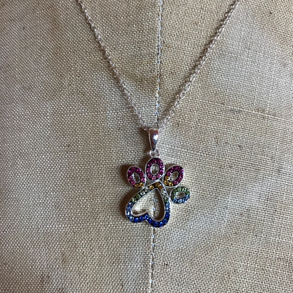 Paw shaped Swarovski crystal silver necklace
